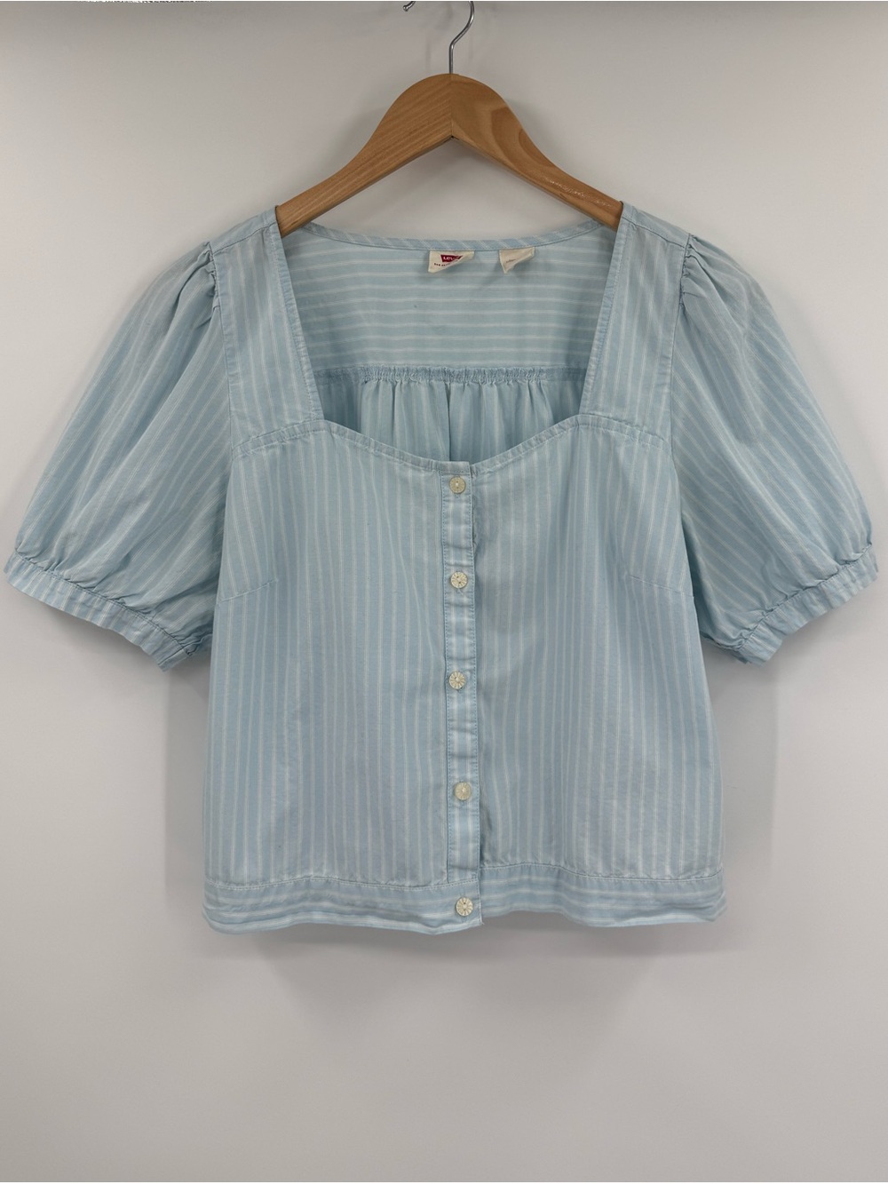 Levi's Simone Puff Sleeve Cotton Button Front Top | Blue/White Stripe | Medium